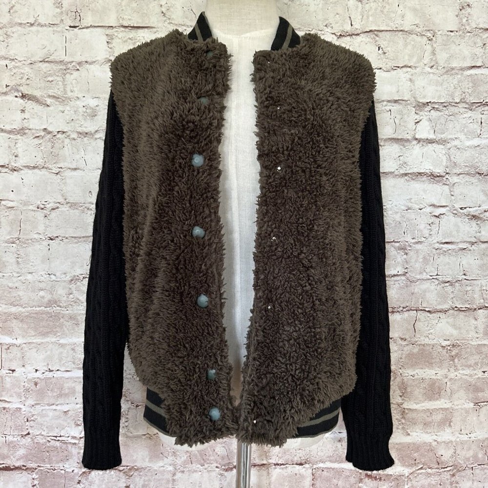 Audrey 3+1 Cable Knit Fleece Varsity Style Sweater Jacket Brown Black Size S NEW